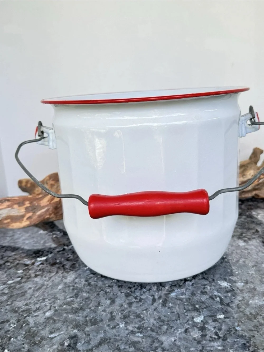 Vintage Fesco Porcelain Enamelware Pot With Wooden Handle, 8” White & Red Bucket